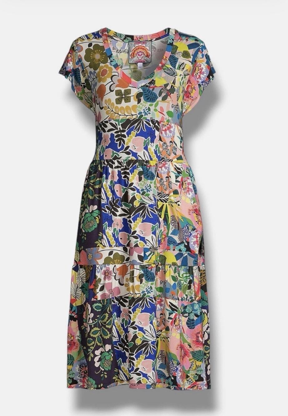 Johnny Was Chelsea Garden Tiered Midi Dress •L• Stretch Jersey Floral Patchwork